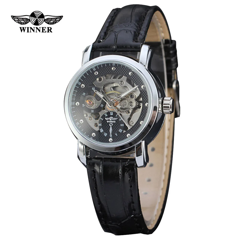Winner Лидирующий бренд женские часы модные часы со скелетом циферблат кожаный ремешок женские Автоматические механические часы женские relogio femilino - Цвет: Black Silver