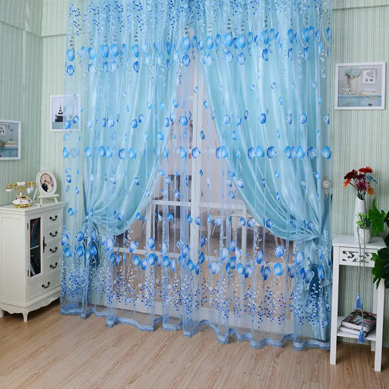 

1PC Window Curtains Sheer Voile Tulle For Bedroom Living Room Balcony Kitchen Printed Tulip Pattern Sun-shading Curtain 1M*2M