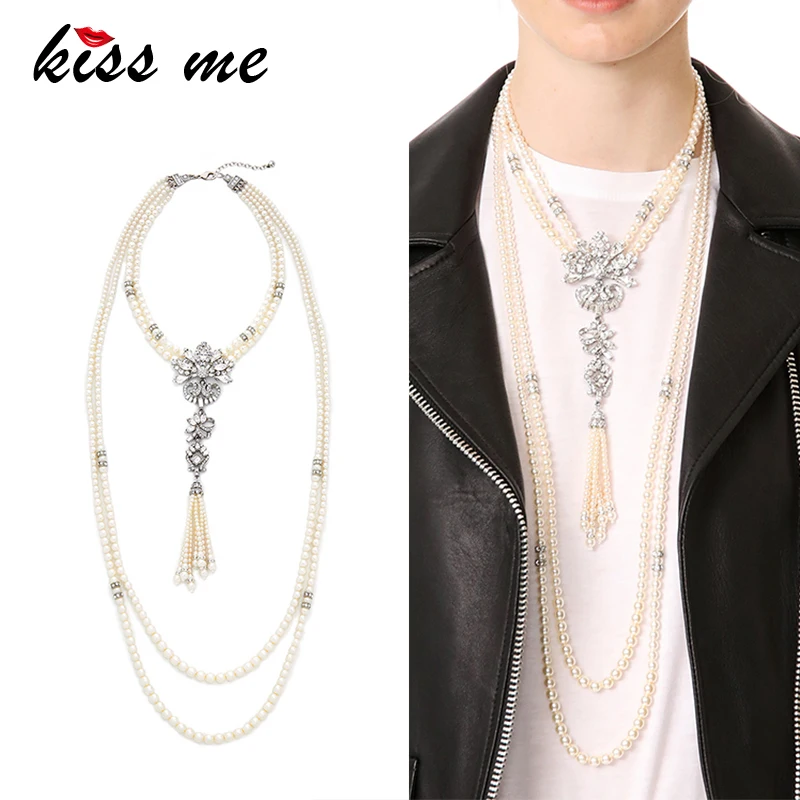 KISS ME Classic Long Multi Layers Imitation Pearls Necklace Geometric Crystal Tassel Pendant Necklace Women Bijoux KISS ME Classic Long Multi Layers Imitation Pearls Necklace Geometric Crystal Tassel Pendant Necklace Women Bijoux
