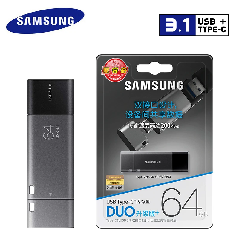 Samsung USB 3,1 флеш-накопитель 128 ГБ DUO Plus Скорость до 300 МБ/с. OTG usb Type C флеш-накопитель 128 ГБ для Chromebook& Macbook cle USB