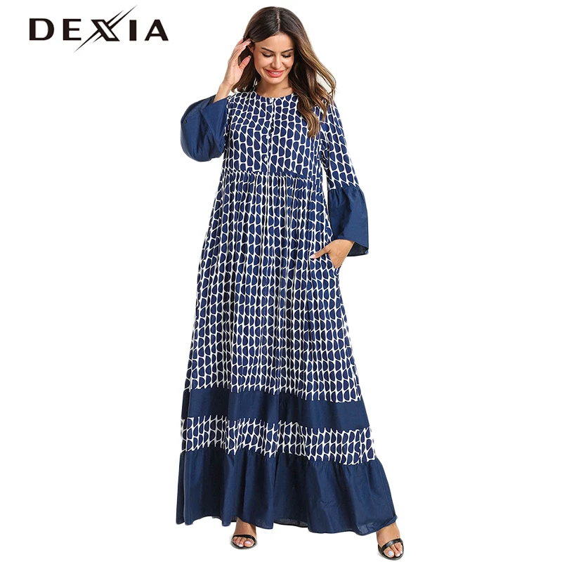 

Dexia Plaid Full Puff Sleeve Dress Robe Long Boho Vadim Loose Jurken Plus Size 3XL 4XL Dress Round Neck Maxi Femme Women 7529