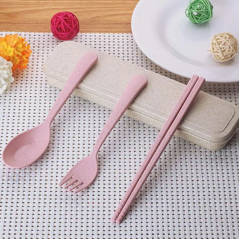 

Pink Portable 3Pcs Spoon Fork Chopsticks Cutlery Set Dinner Tableware Flatware Set For Camping Case Kit