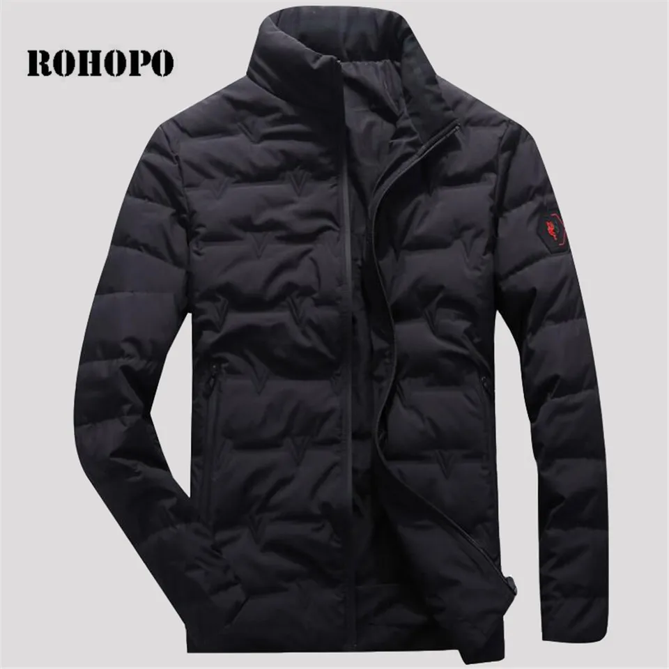 

ROHOPO Down Jacket Male Korea Style Slim Down Jacket Men quality Male Lightweight Warm Casual Down Coat man Stand Collar Striped