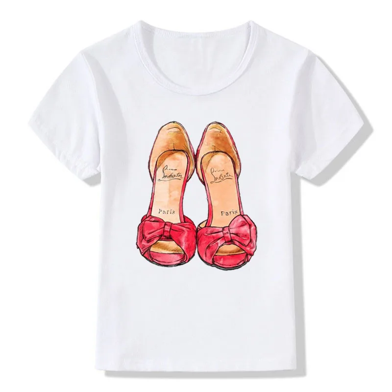 Новая белая Красная футболка с принтом на высоком каблуке для девочек мягкая хлопковая летняя рубашка с короткими рукавами и круглым вырезом Повседневная элегантная детская футболка - Цвет: 02