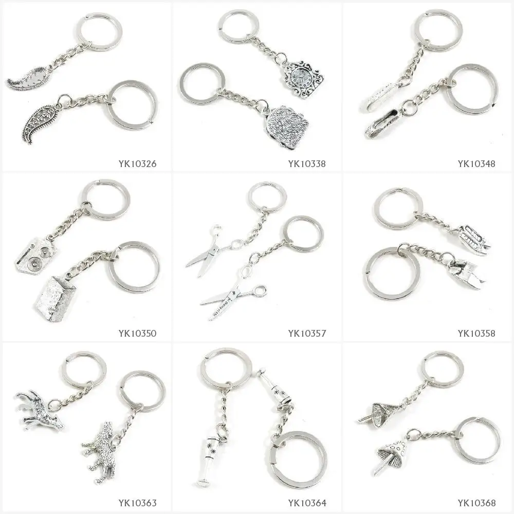 

Metal Antique Silver Keychain Keyring Keytag Key Chain Ring Chili Pepper Time Clock Cloth Shoes Speaker Scissors High Heels Wolf