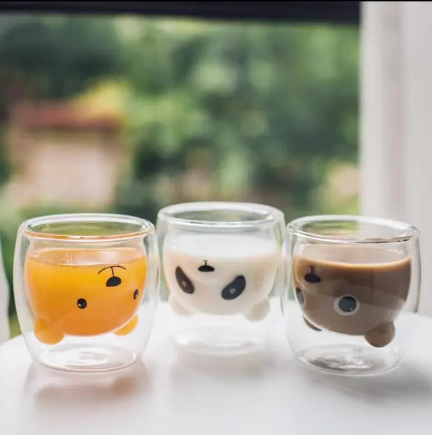 

Lovely Panda Double Wall Glass Cup 250ml Bear Beer Glasses Creative Morning Milk Glass Juice Glass Heat Resistant Mug Shot Glass