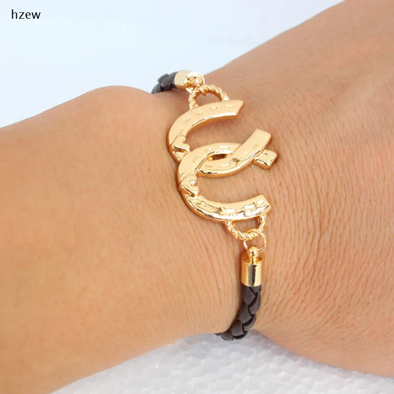 

hzew new arrival Double Horse Hoof Horseshoe kc gold colors bracelet women gift bracelets