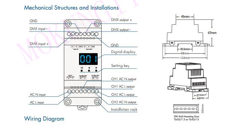 2CH*1.2A AC Phase-cut DMX Dimmer S1-DR DMX512 Decoder SCR DMX512 Decoder Engineering Decoder AC100V-240V DIN rail DMX 512 dimmer