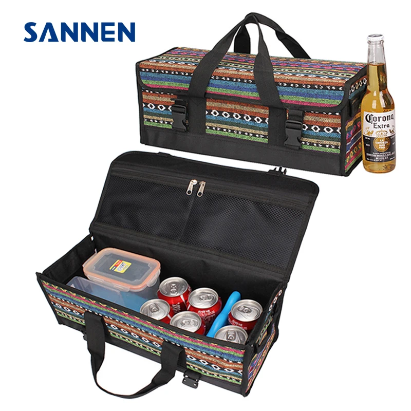 

TANGIMP 11L Drinks Cooler Reusable Insulated Lunchbox Striped Ethnic Lunch Bag Cold Package Hard Bottom for Picnic Snacks Men