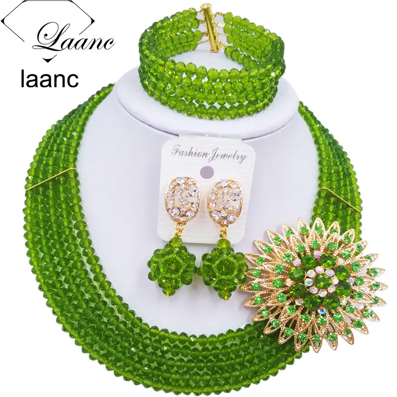 

Laanc Handmade Olive Green Crystal Beaded Necklace Nigerian Wedding African Beads Jewelry Set for Women 5DS022
