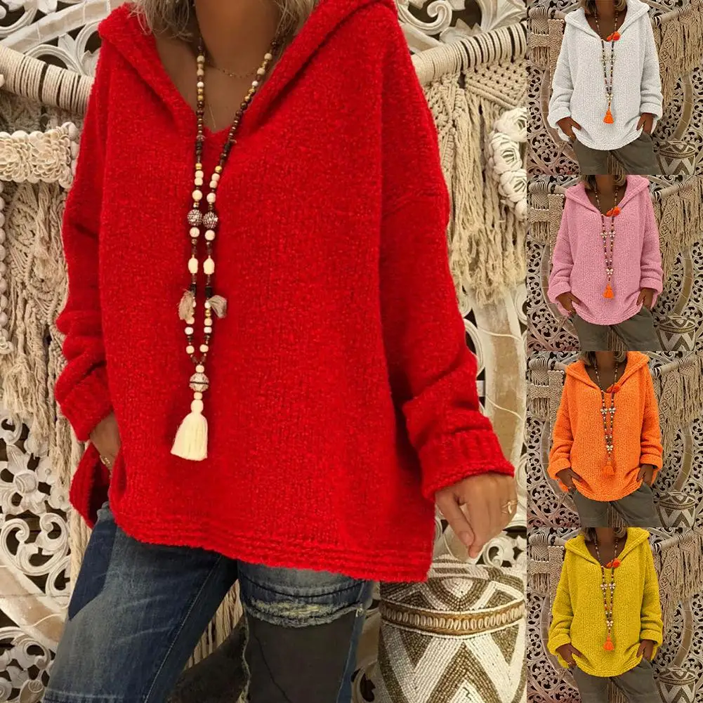 

New Women's Loose Sweatshirt Knitted Casual Hooded Sweatshirt Teen Girls Pullover Solid Color Jumper Tops Women Sweatshirt