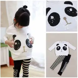 2016 футболка с блестками для маленьких девочек рисунок панды топы и леггинсы с бантиками в полоску Bambini Larga пуловер топ с рисунком панды