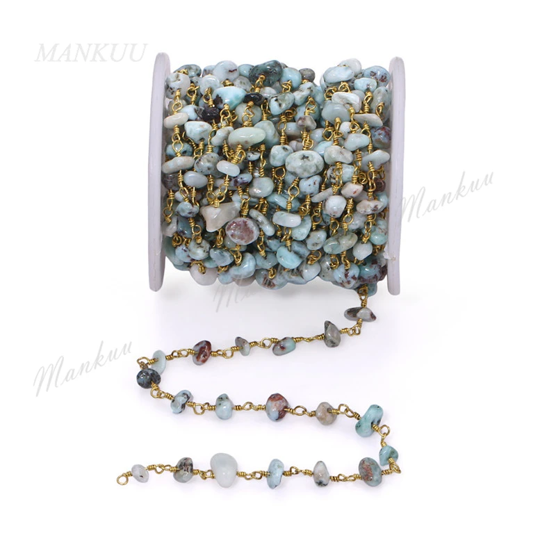 

Mankuu Natural Larimar Chips Stone Beaded Chain Gold Plating Copper Wire Wrap Link Chains For Handmade DIY Jewelry Making 5M/Lot