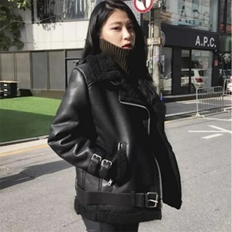 New Women Winter Coat Motorcycle leather Jacket With fleece Ladies Plus Size Coat Women Autumn Winter 9WT074