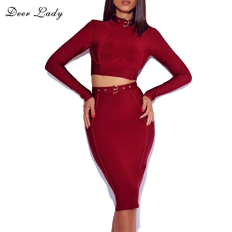 Ocstrade-New-2019-Buckle-Bandage-Embellished-Dress-Women-Two-Piece-Bandage-Dress-Set-Long-Sleeve-Bangdage