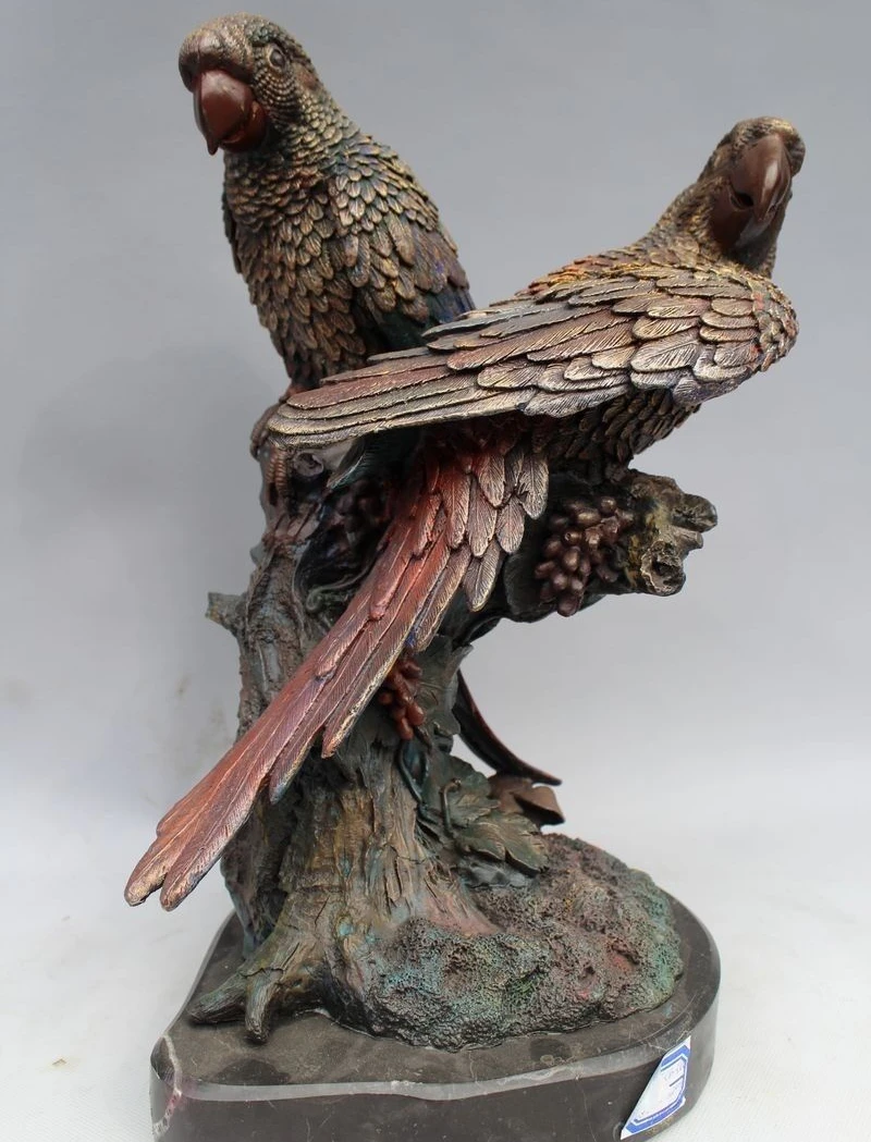 

14"Western ART Bronze Marble Double habitat parrot perch on the tree statue