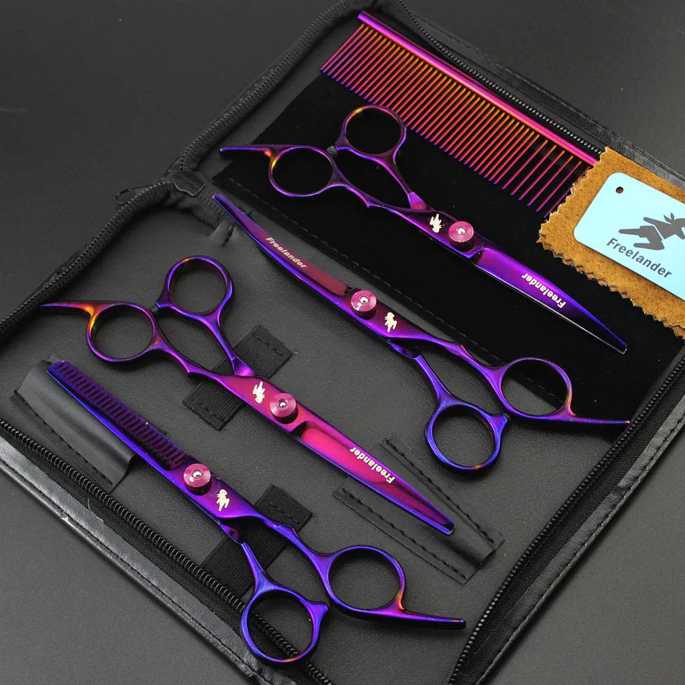 Профессиональный 4 шт./компл. 6 дюймов ножницы для домашних животных собак Уход за лошадьми комплекты 2 изогнутые ножницы+ 1 истончающие ножницы+ 1 прямые ножницы Радуга - Цвет: Purple