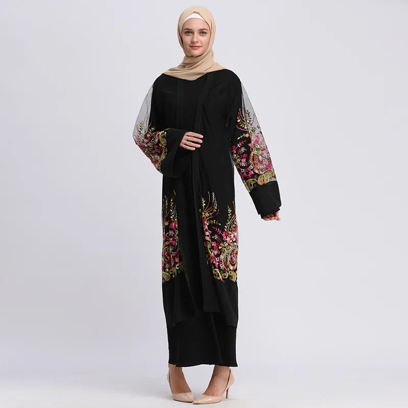 

Long Abaya Dress Loose plus size Casual Muslim Dress Women Fashion Embroidered Mesh Jacket Cardigan Fringe Belt Mesh Robe
