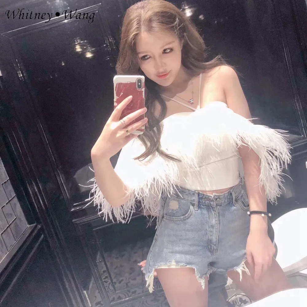 

WHITNEY WANG 2018 Summer Fashion Streetwear Sexy Halter Ostrich feather Blouse Women blusas Shirt Tops