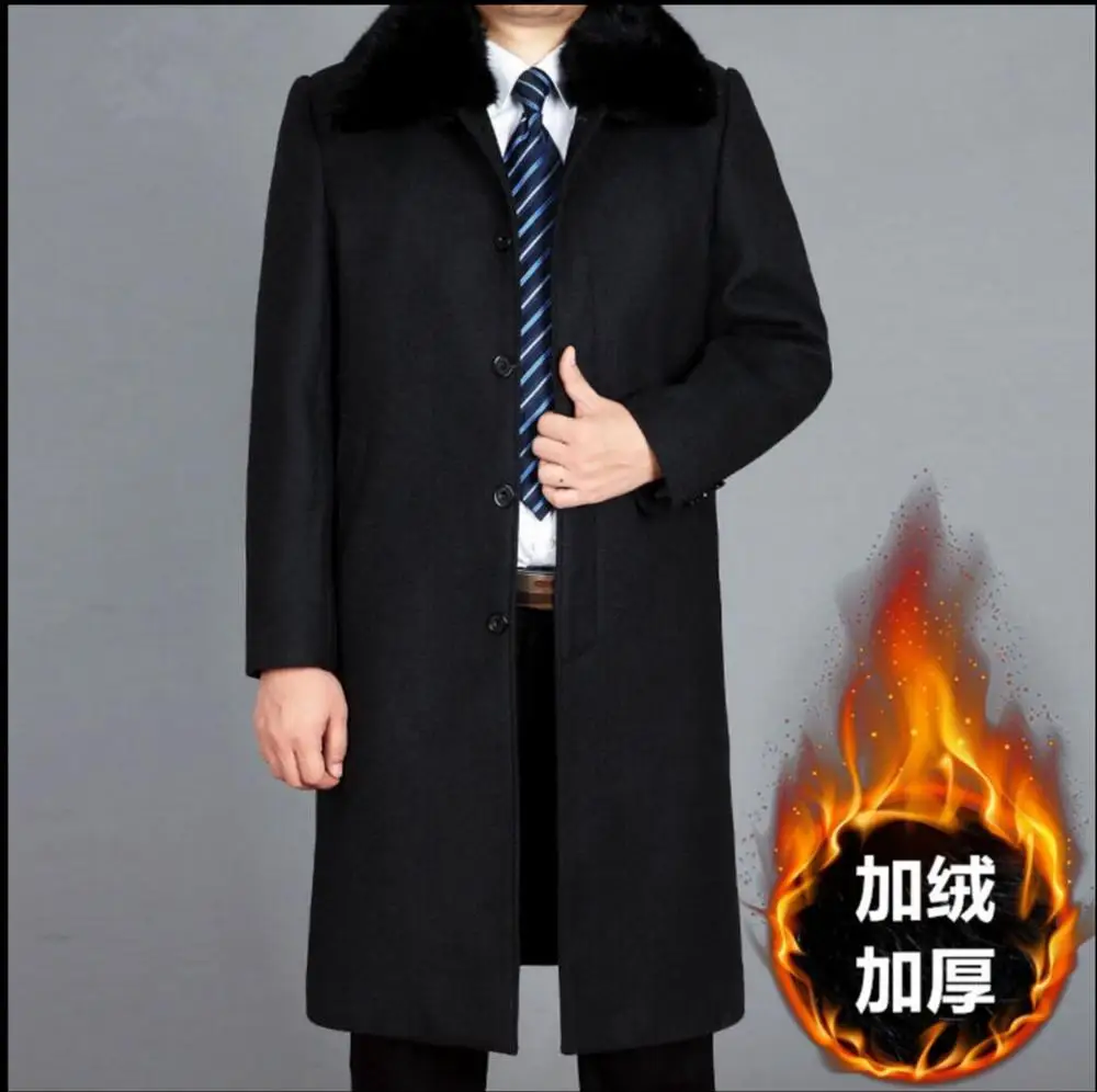 M-4XL, зимнее шерстяное пальто для мужчин, плюс бархат, утолщение, длинный Тренч, пальто для пятидесяти лет, Мужская шерстяная Верхняя одежда с меховым воротником - Цвет: Черный
