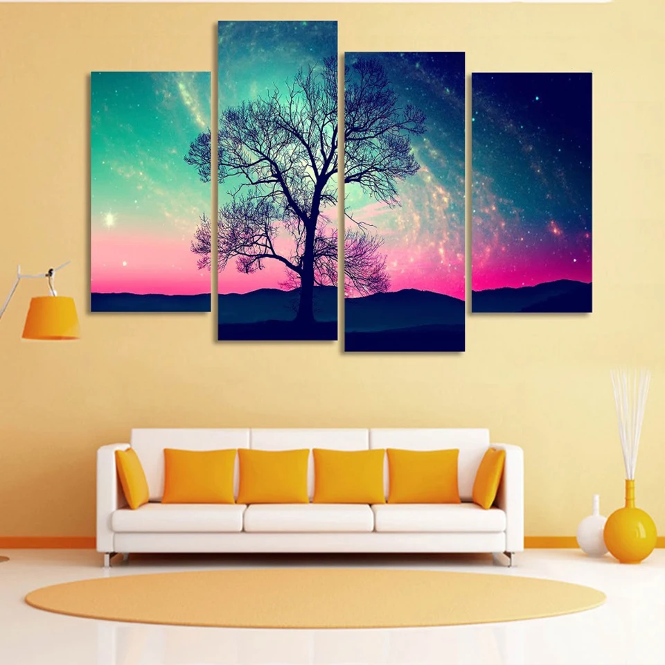 

Modern HD Printed Wall Art Frame Canvas Pictures 4 Pieces Andromeda Galaxy Earth Space Tree Abstract Landscape Painting Poster