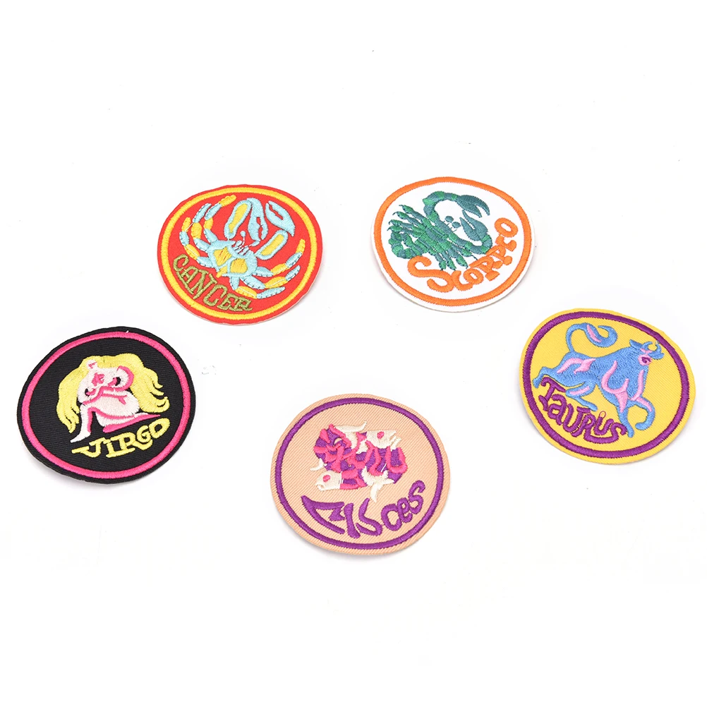 1Piece Fashion Iron On Badges For Apparel Multicolor 12 Constellation Embroidery Appliques Round Badge Stickers For Clothes