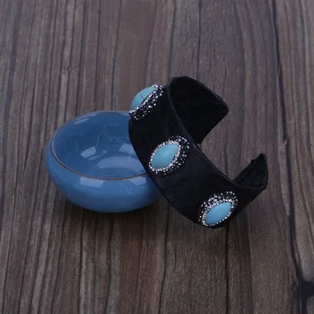 

Classic Triple Oval Blue Turquoises Howlite Charm Pave Rhinestone Black Real Snake Leather Wrap Big Wide Open Bangle Cuff Women
