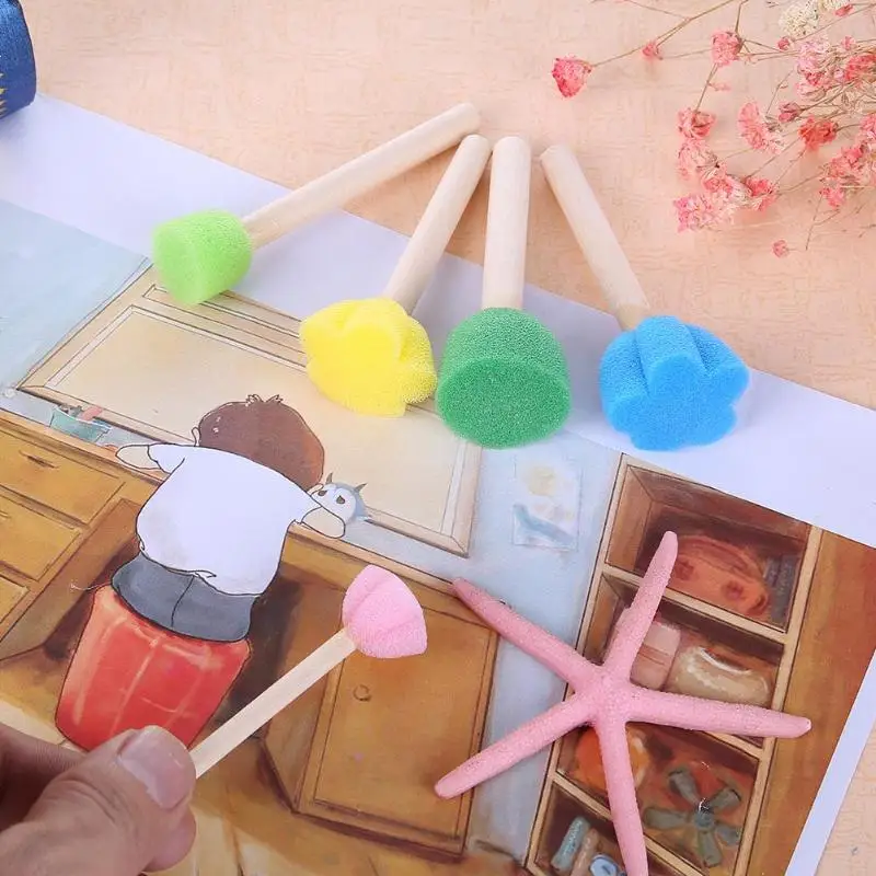 VODOOL 5pcs/set DIY Wooden Art Painting Brushes Sponge Graffiti Pen Kids Doodle Early Drawing Toy Home Paint School Supplies