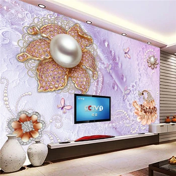 

Custom Any Size Modern WallPaper Peacock Pearls Purple Silk Luxurious Art Wall Covering BedRoom Mural Background Wallpapers