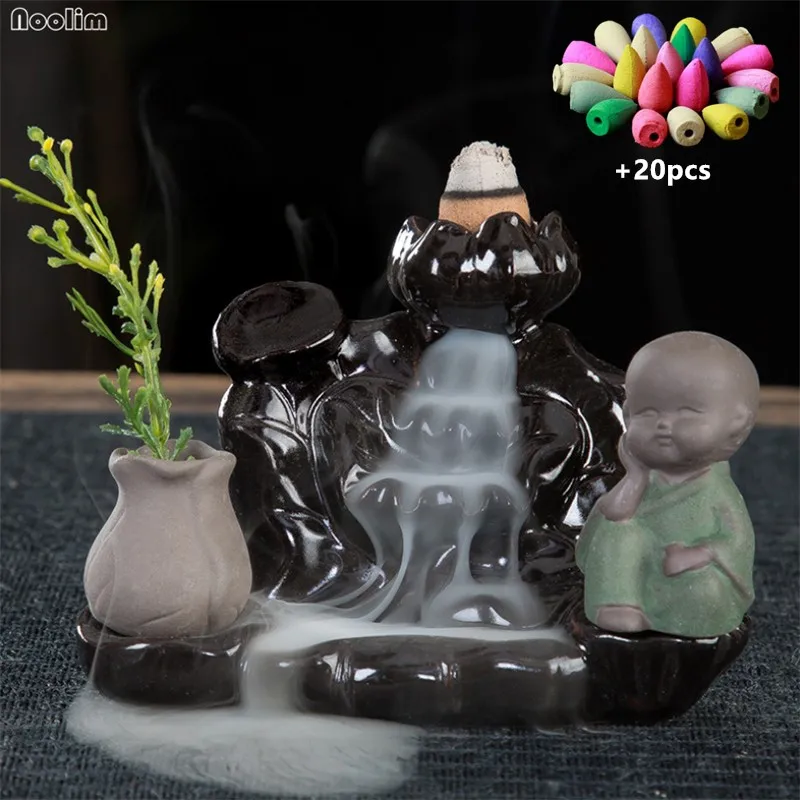 With 20pcs mixed-E Керамический маленький монах задняя курильница с дымом водопад курильница печь для ароматерапии украшения дома офиса Буддийские принадлежности - Цвет: With 20pcs mixed-E