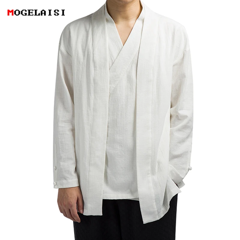 Men Shirts Linen Cotton Open Stitch and Belt Fake 2 Pieces - Set Chest 104-120cm Shirt Man Flax Solid size M-4XL | Мужская одежда