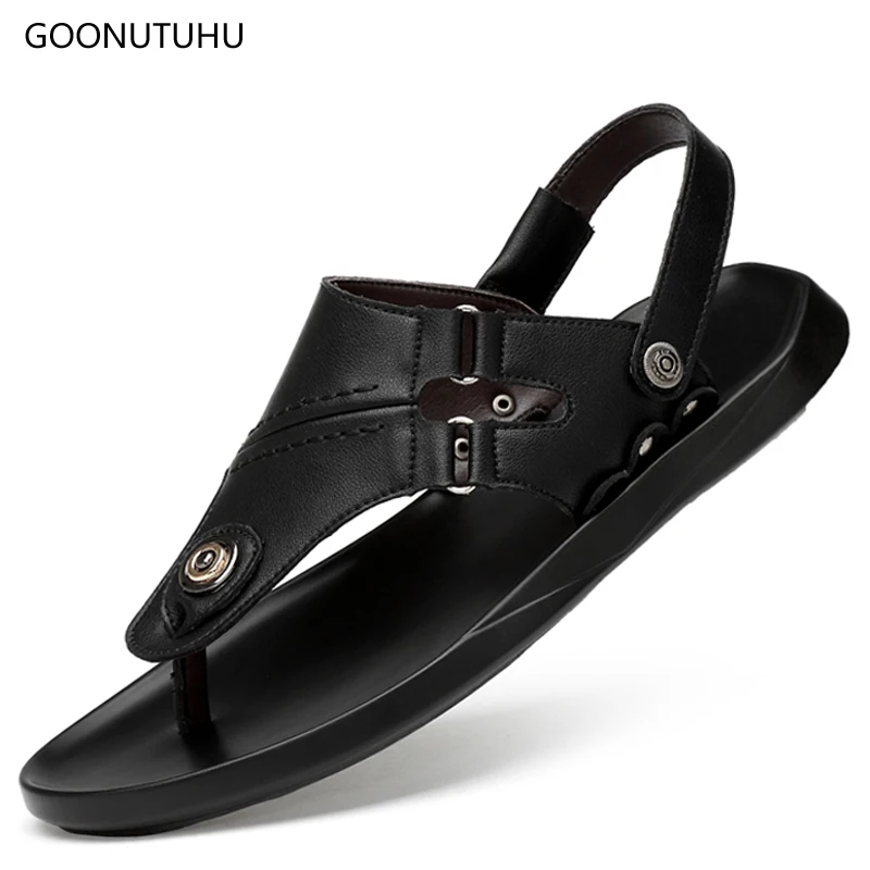 Мужские сандалии Летняя кожаная повседневная обувь пляжные сандалии на платформе Мужские Модные дышащие сандалии для мужчин черные Большие размеры