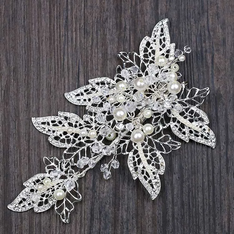 

Silver Leaf Wedding Hair Accessories Pearl Crystal Hair Clip Barrette Bride Hairpin Hairgrip Headpiece Hair Jewelry for Women JL