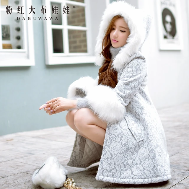Cheap dabuwawa 2016 long parka plus size winter fur hooded lace coat for women long korean slim elegant manteau hiver femme pink doll