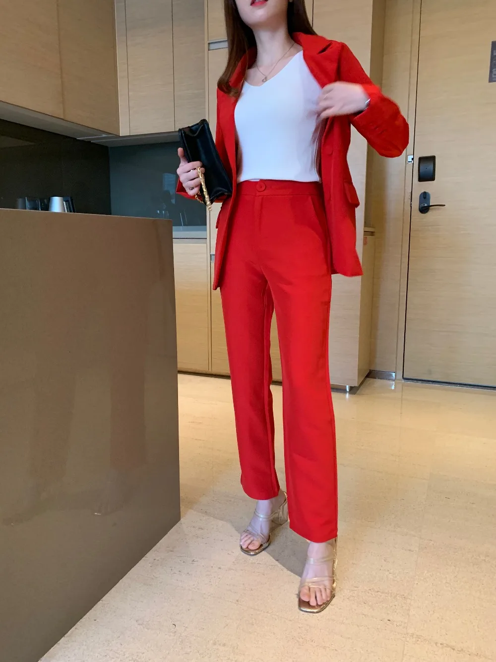 Женский офисный Женский комплект из двух предметов, однотонный Красный Элегантный однобортный пиджак с отложным воротником и длинные брюки S88705Y
