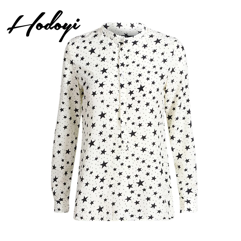 2017 Autumn New Fashion Star Printing Single Breasted Collar Loose Slim Long Sleeved Chiffon Shirt Woman
