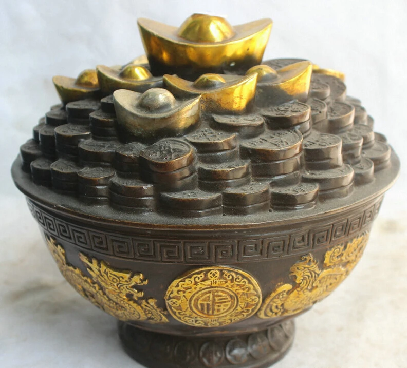 

Elegant old S2035 10" Chinese Bronze Gild Folk Feng Shui dragon phoenix Wealth Money treasure bowl statue (A0322) A0403