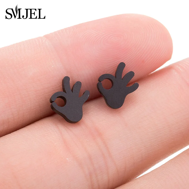 

SMJEL New Accessories Trendy Cool OK Gesture Finger Earrings Titanium Steel Ear Stud Men Women Earring
