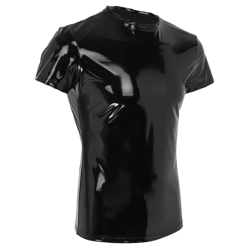 IEFiEL модная мужская рубашка из искусственной кожи с коротким рукавом и круглым вырезом, Клубная одежда, сценический костюм, облегающая футболка