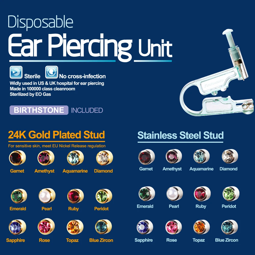 

BOG-1PC Disposable Ear Piercing Unit Sterilized Safety Asepsis Disposable Unit Ear Studs Nose Ring with 3mm Cubic Zirconia