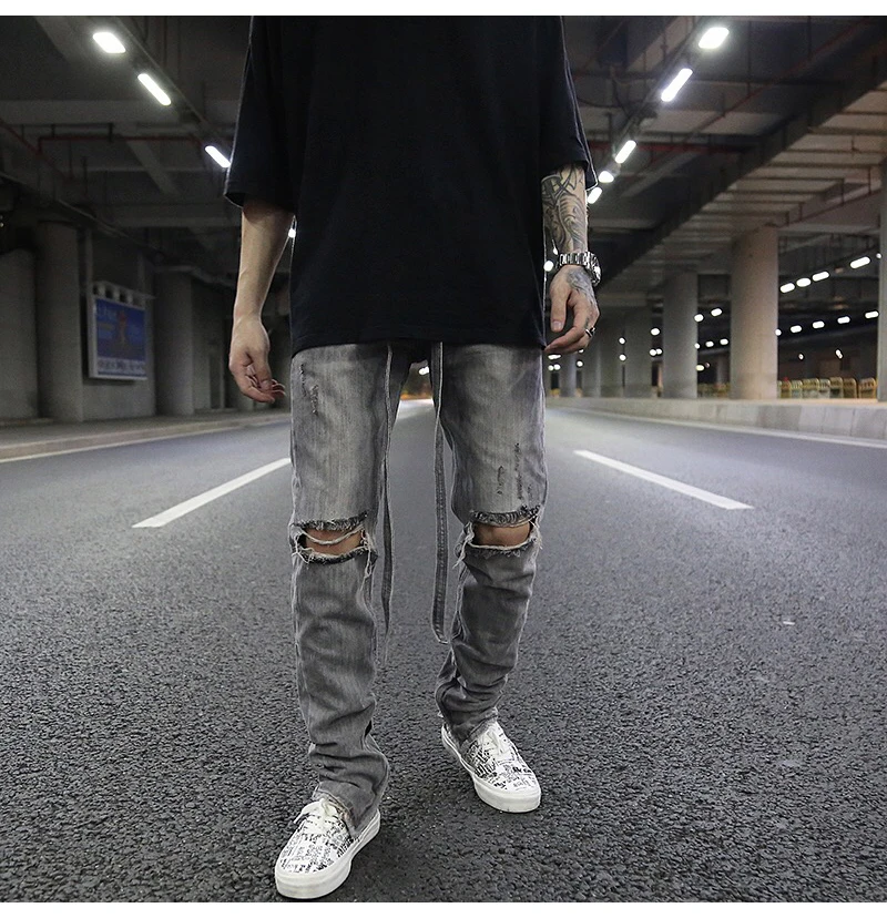 Рваные джинсы из денима до колена Мужские Винтажные потертые джинсы для байкеров с длинным поясом Новая мода уличная хип хоп брюки джоггеры