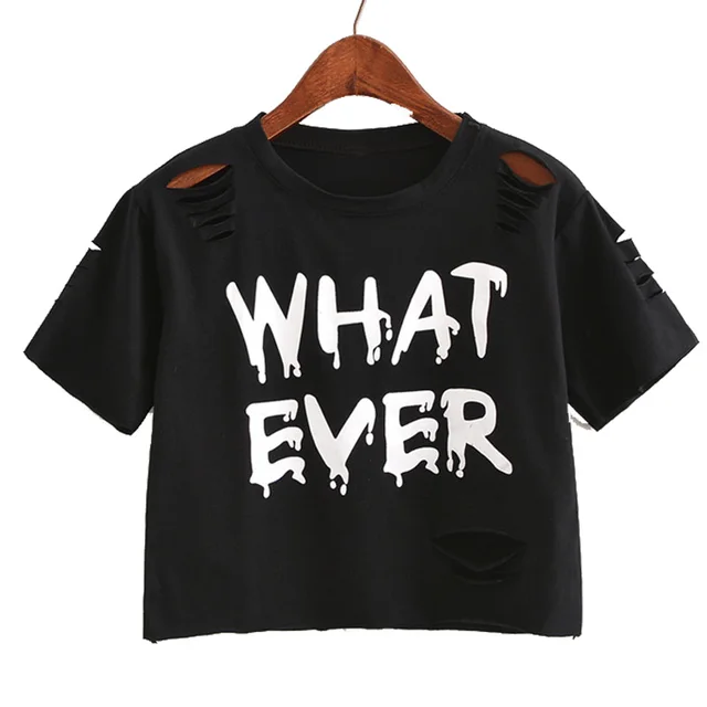 Women Sweet Crop Top Holes T Shirt Hip Hop Letter Print Casual O Neck Tees  Ladies Fashion Black Cute Streetwear Tops Camisetas - T-shirts - AliExpress