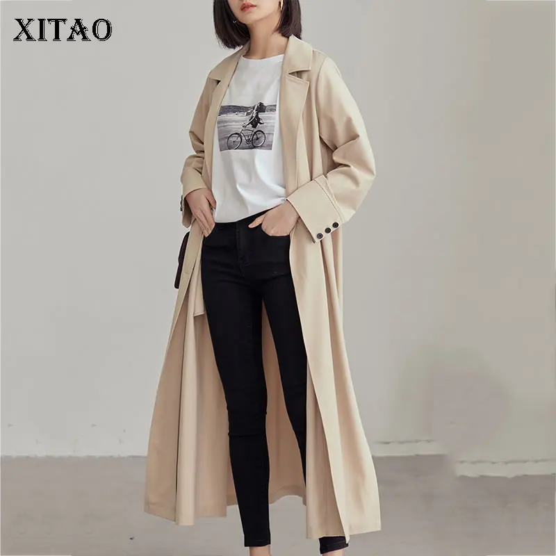 

[XITAO] 2019 New Europe Casual Loose Suit Collar Double-breasted Solid Color Full Sleeve Long Trench Fashion Trench ZQ1211