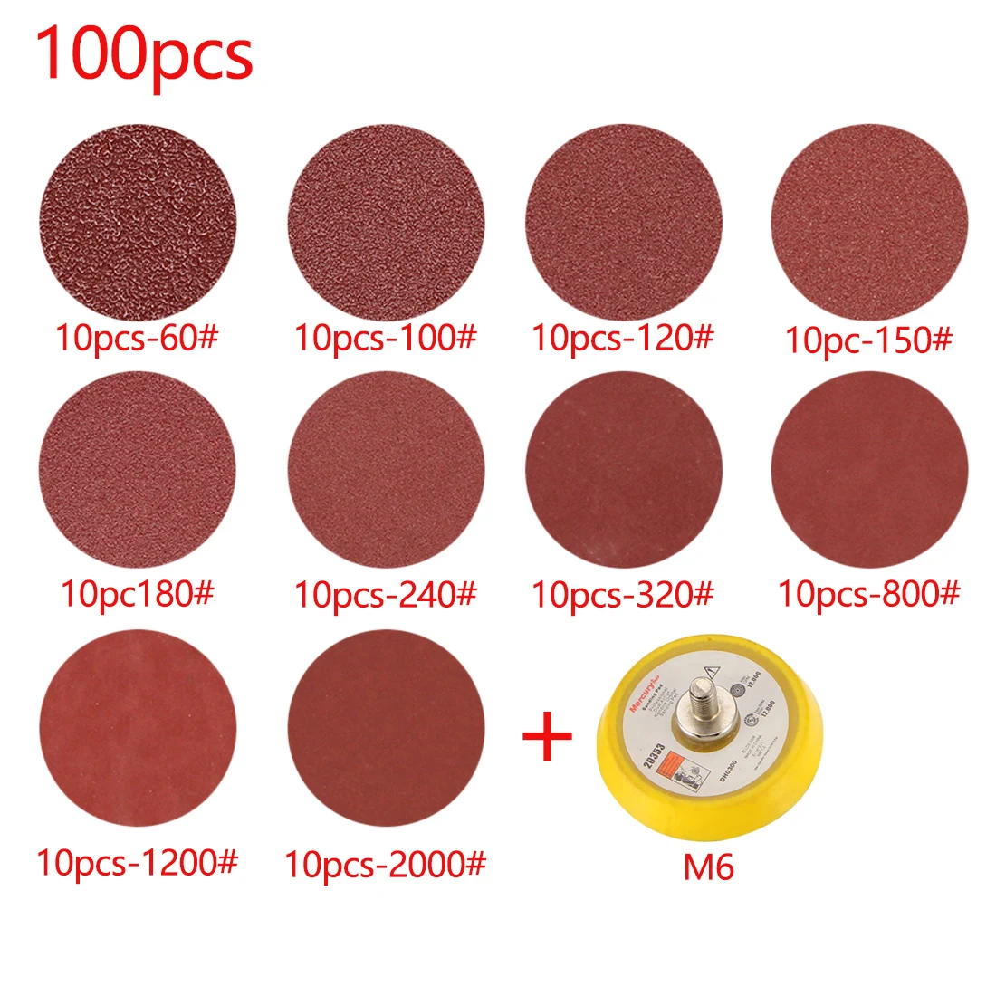 100pcs 60-2000# 2/" Hook Loop Sandpaper with Sanding Pad 3mm Shank