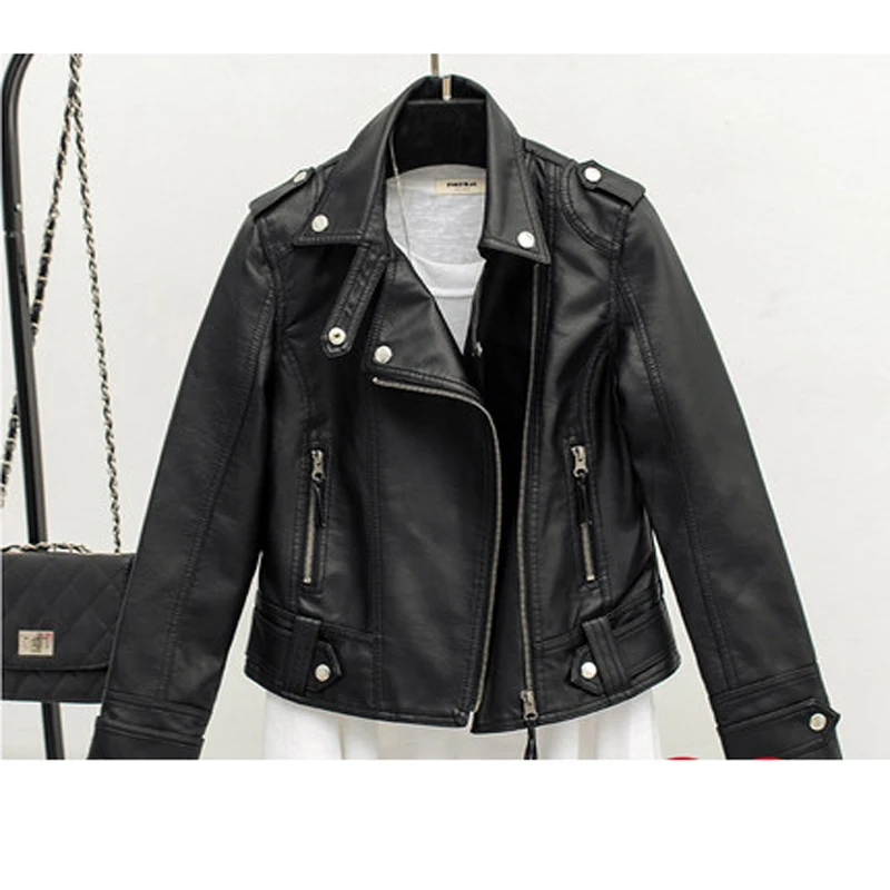 Moto Turn Courts Ht120 down Pu Femmes Noir Manteaux cuir Vestes Zipper Femelle Pu Slim Collar Dames vZgYqO