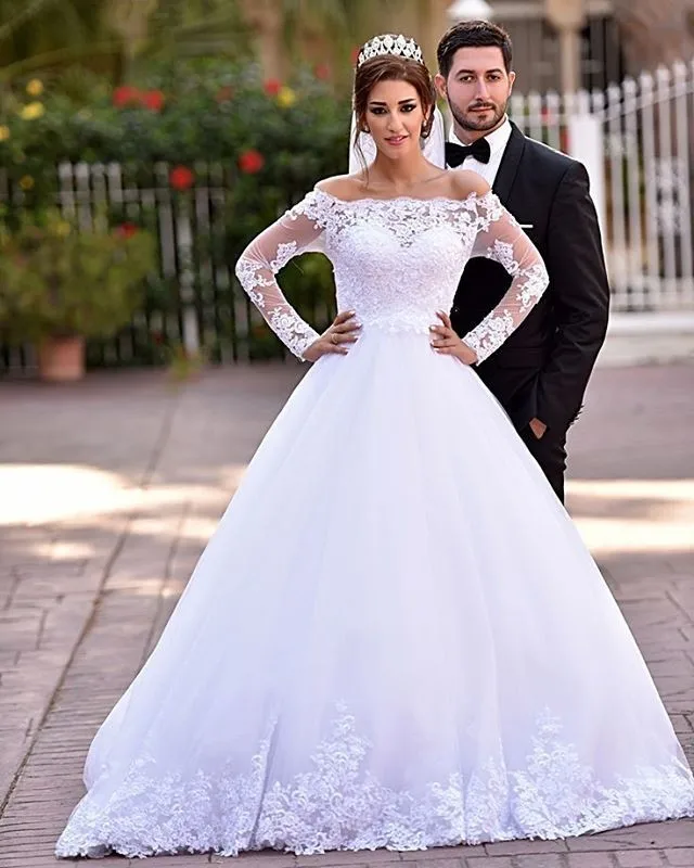 Vestido De Noiva Ballkleid Long Sleeves Brautkleider Royal Schwanz Luxus Hochzeit Kleid Boot Ausschnitt Turkei Spitze Appliques Vestidos Sleeved Wedding Long Sleeve Weddingwedding Dresses Royal Aliexpress
