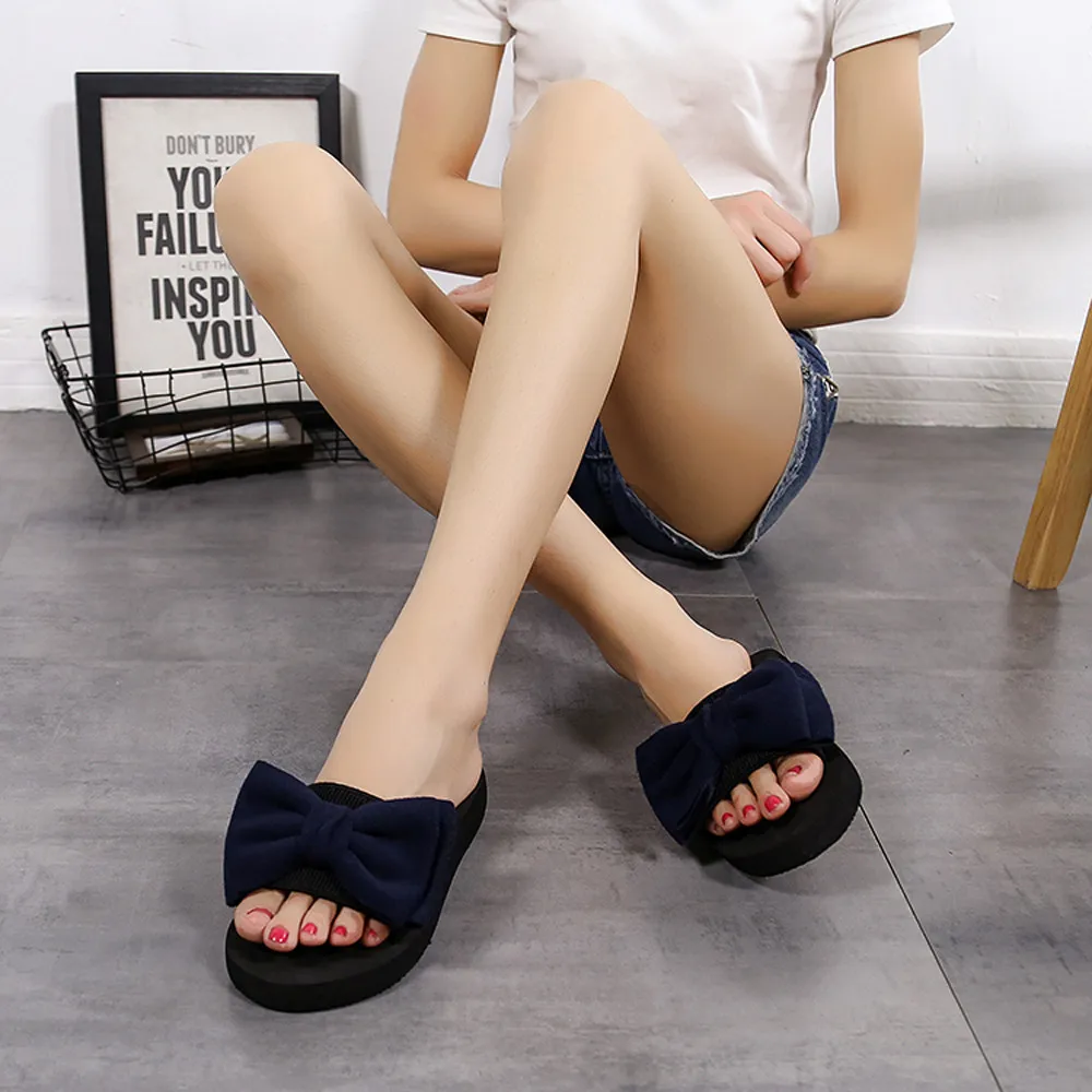 Summer Women Shoes Platform bath slippers Wedge Beach Flip Flops High Heel Slippers For Girl Ladies Bow-knot Shoes#P