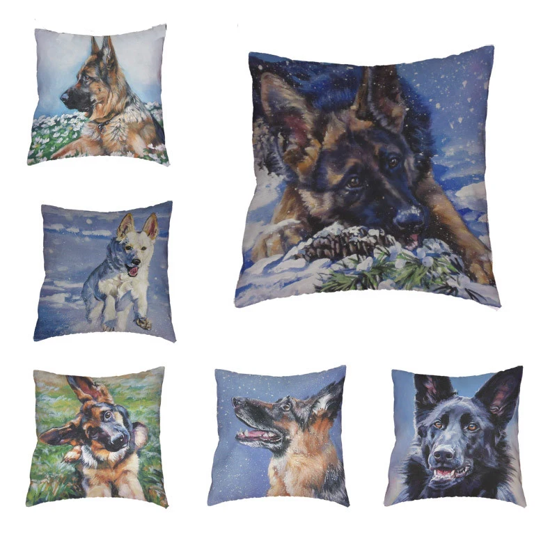 

German Shepherd Hot Sale Cushion Cover Hound Snowflake Bedroom Sofa Living Room Decor Polyester Peach Skin Pillow Cases45*45cm