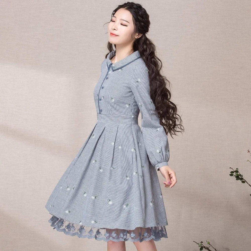 Женское платье в полоску с отложным воротником и рукавами фонариками|dress women|dresses