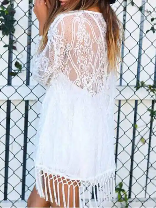 New Summer Women Boho Solid Lace Kimono Cardigan Tassels Beach Cover Up Cape Tops Blouses